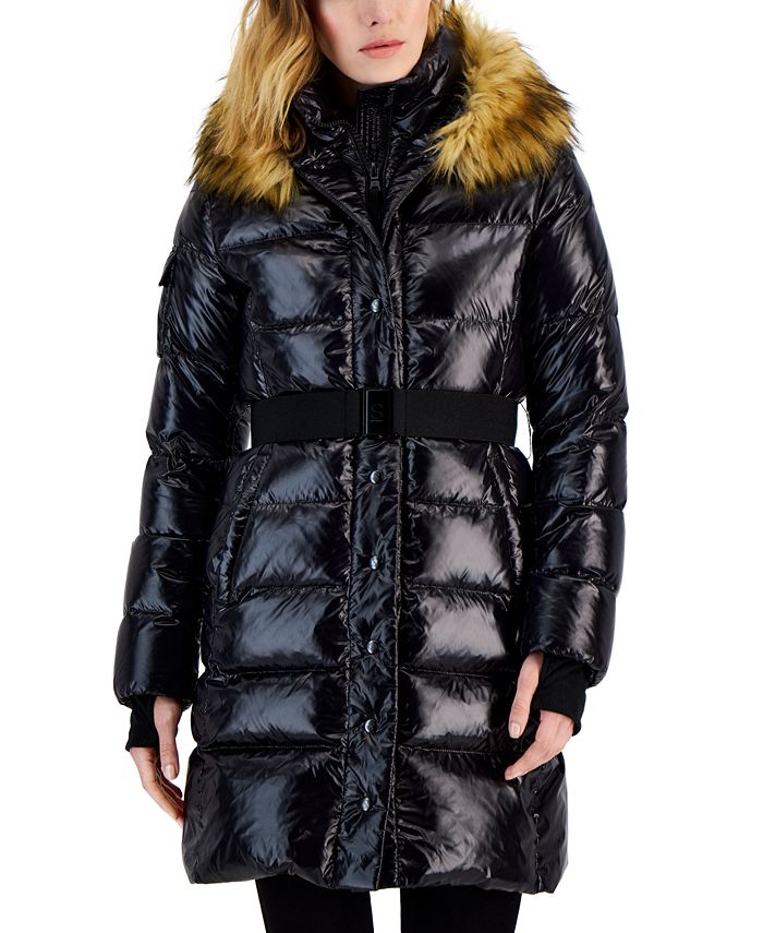S13 Women's Chalet Belted Faux-Fur-Trim Hooded Puffer Coat - Macy's