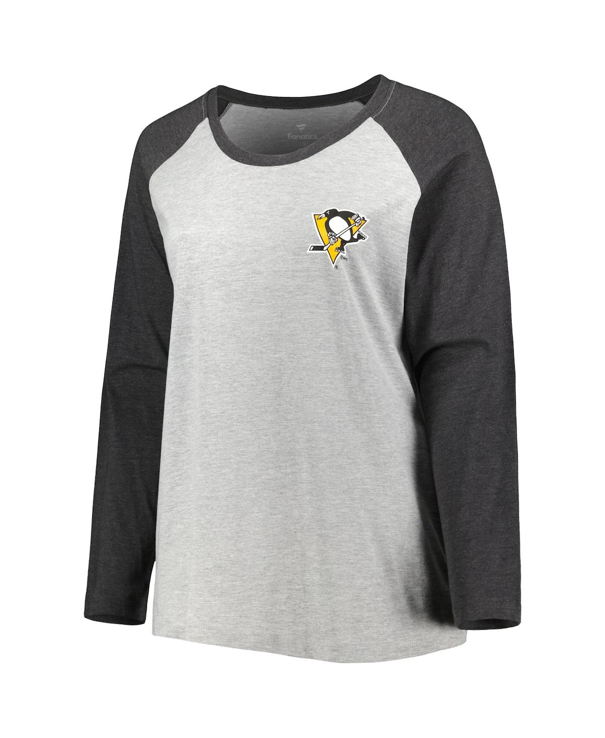 Women's Fanatics Sidney Crosby Heather Charcoal Pittsburgh Penguins Plus Size Name and Number Raglan Long Sleeve T-shirt - Heather Gray