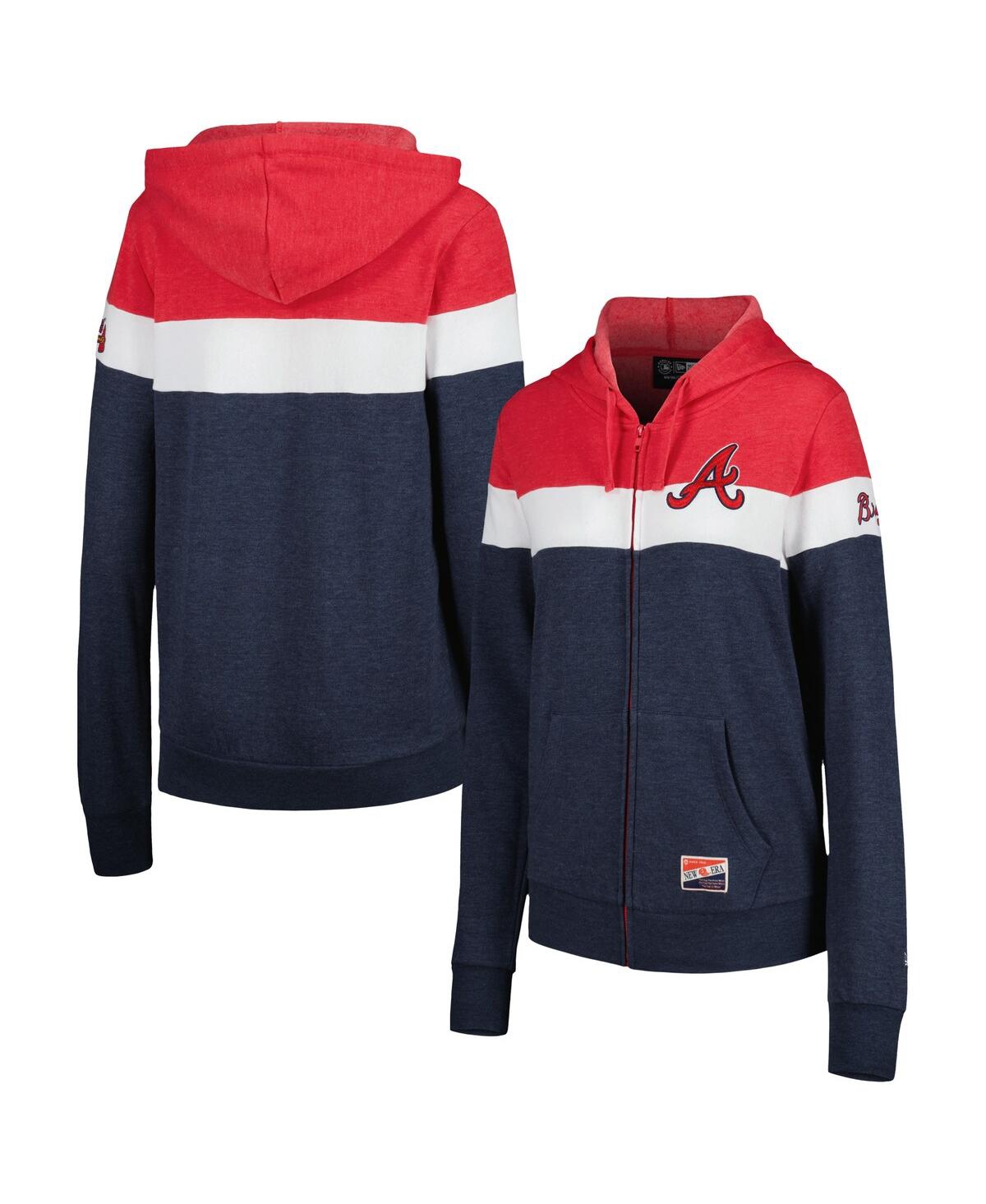 NEW ERA WOMEN'S NEW ERA HEATHER NAVY ATLANTA BRAVES COLORBLOCK FULL-ZIP HOODIE JACKET 