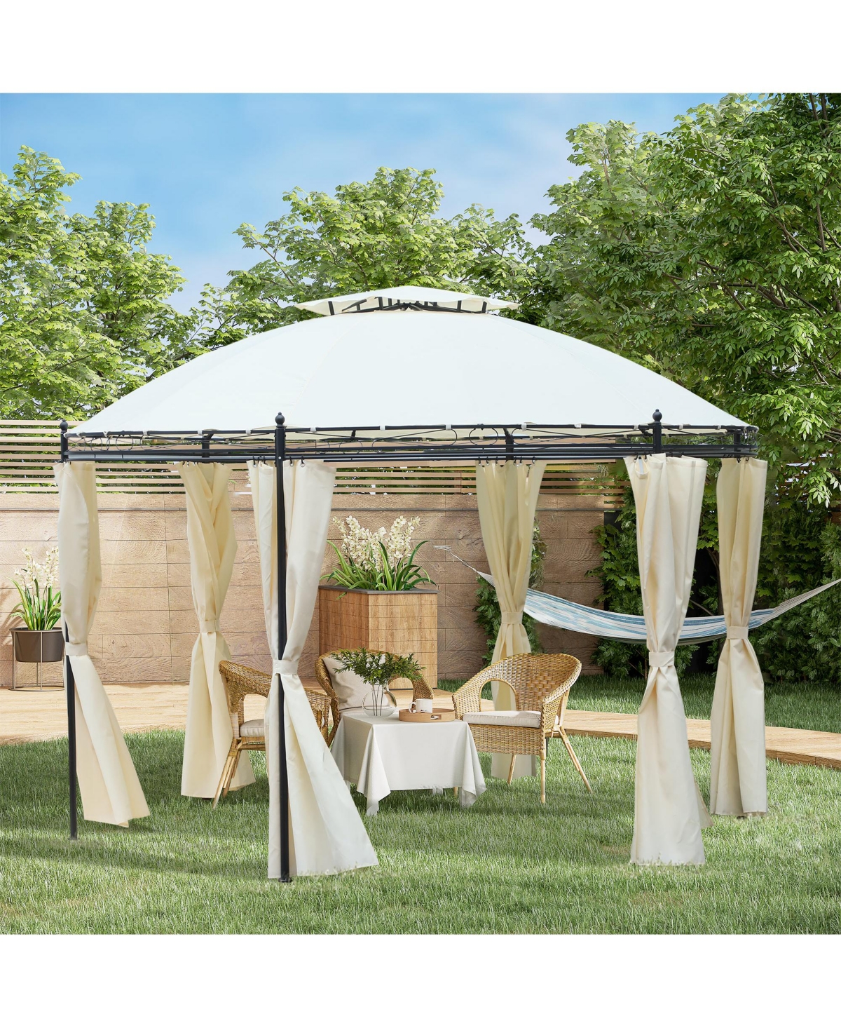 Outsunny 11.5' Steel Outdoor Patio Gazebo Canopy with Double roof Romantic Round Design & Included Side Curtains, Cream- White