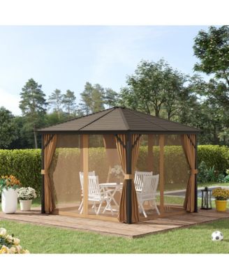 Patio Gazebo 10' x 10', Netting & Curtains, Steel Slat Rain Canopy, Hardtop Roof, Hanging Hooks, Rust Resistant Aluminum Frame for Outdoor, Gardens, Lawns - Light Brown