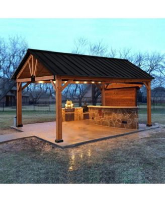  11x13 Hardtop Gazebo with Wooden Frame, Permanent Metal Roof Gazebo Canopy with Ceiling Hook for Garden, Patio, Backyard