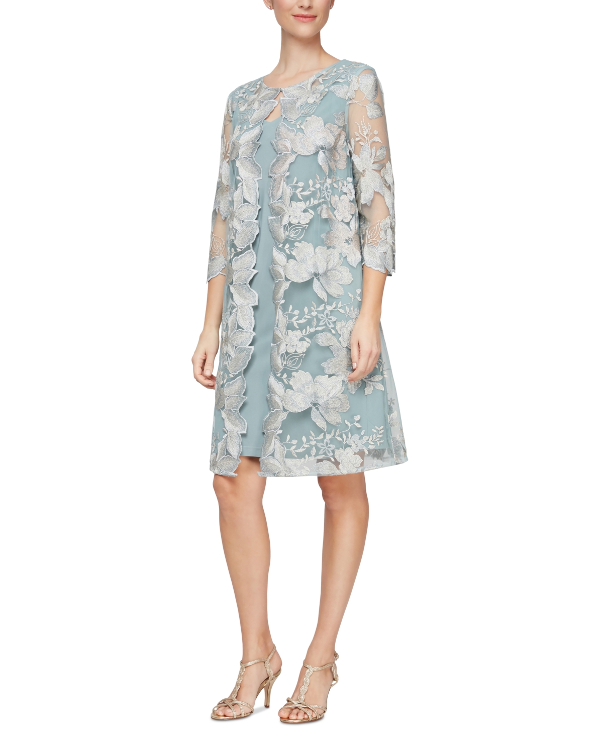 ALEX EVENINGS PETITE LAYERED-LOOK EMBROIDERED JACKET DRESS