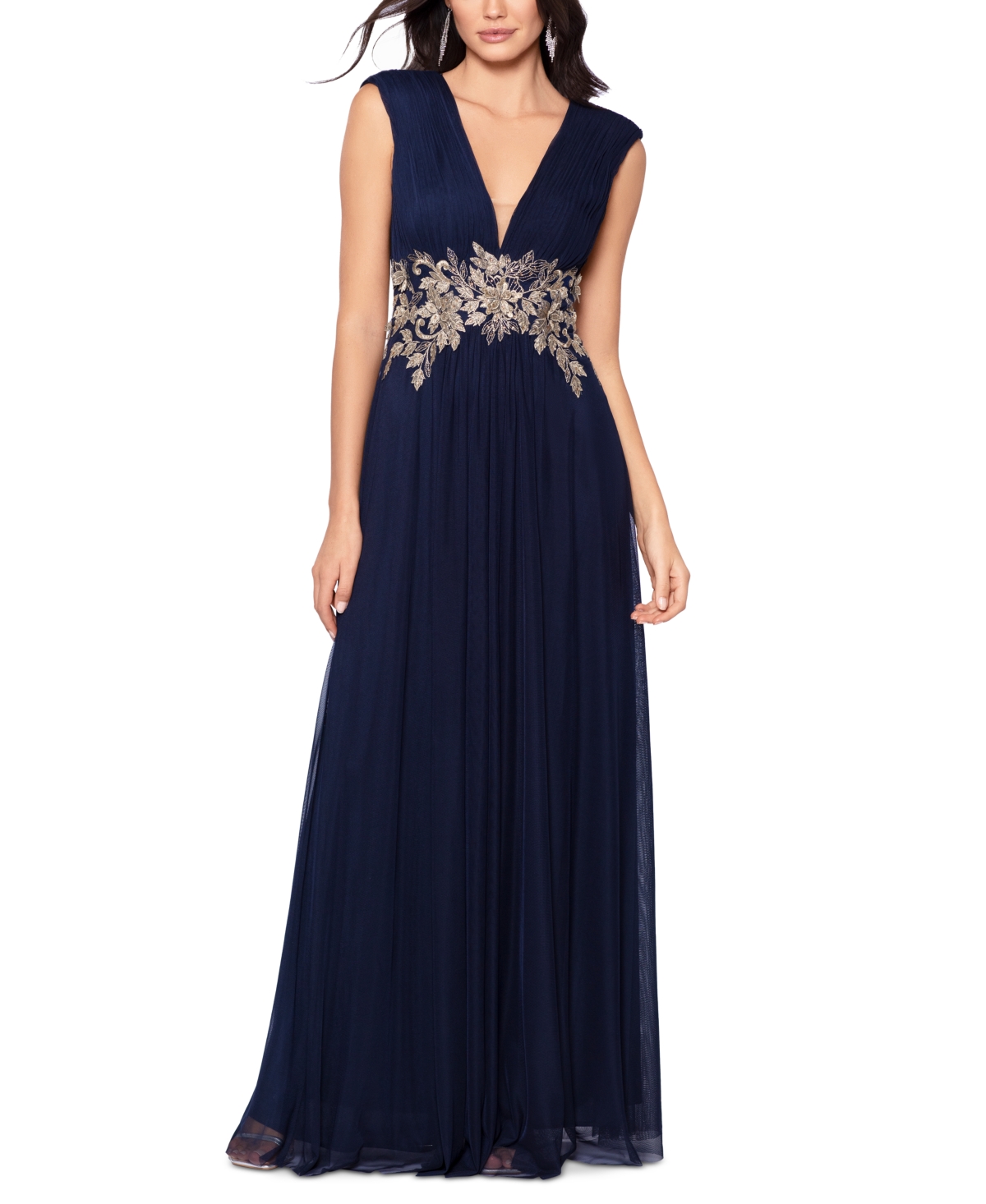 Women's Embroidered V-Neck Gown - Navy Gold