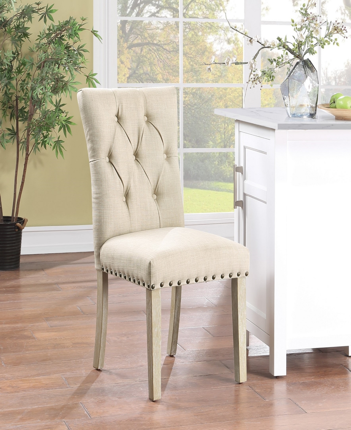 Preston Dining Chair 2-Pack with Antique-like Bronze Nailheads and Brushed Legs in Fabric