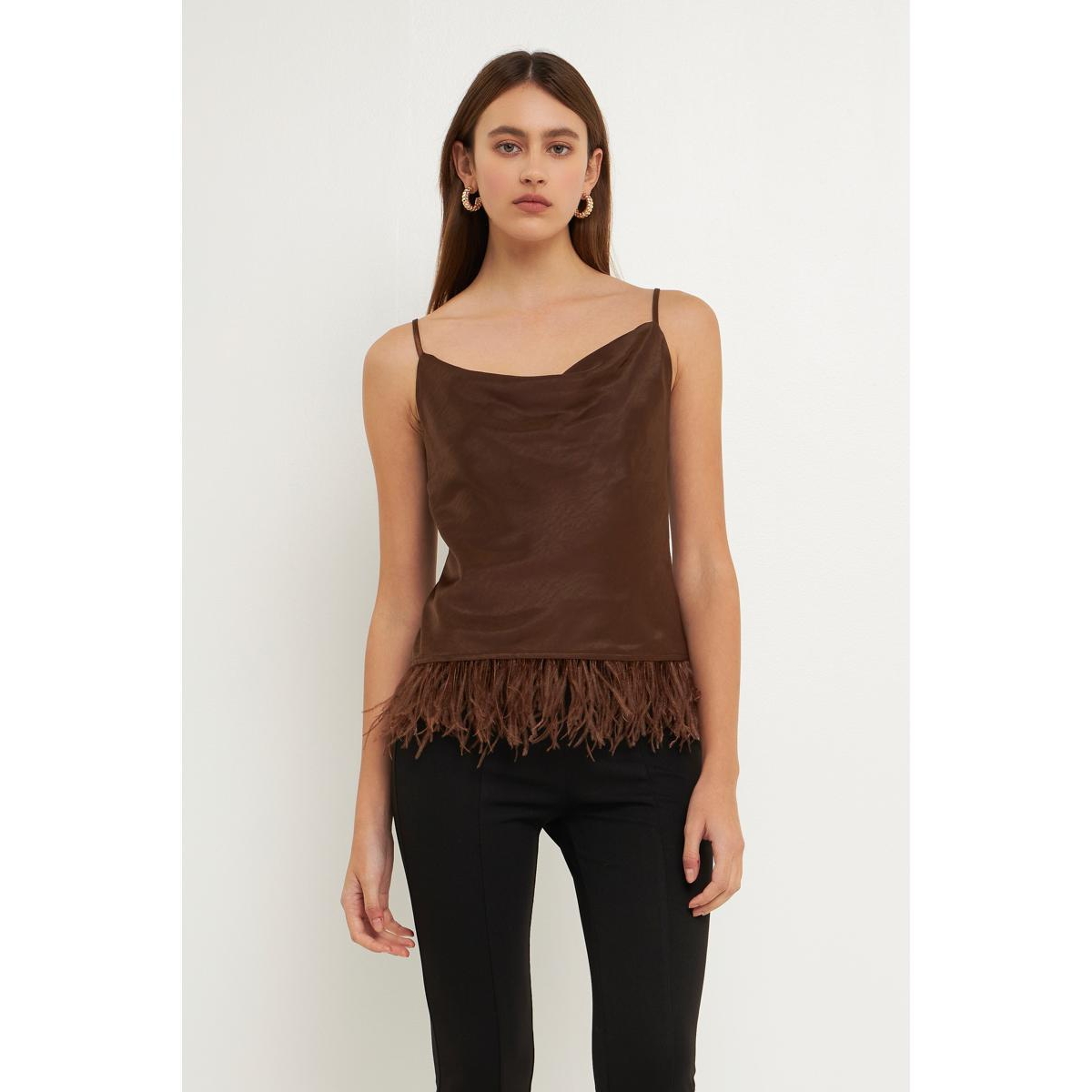 endless rose Women's Satin Cowl Neck Top with Feather