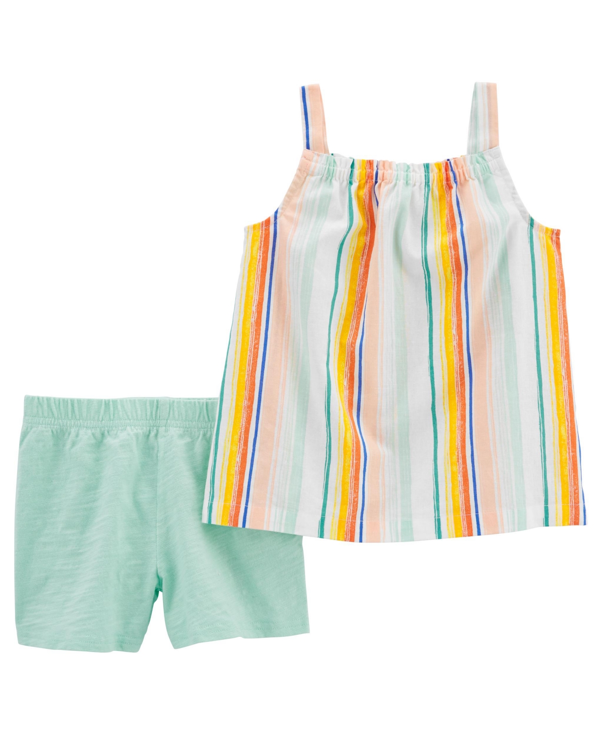 Carter's Kids' Toddler Girls Striped Linen Tank And Shorts, 2 Piece Set In Green