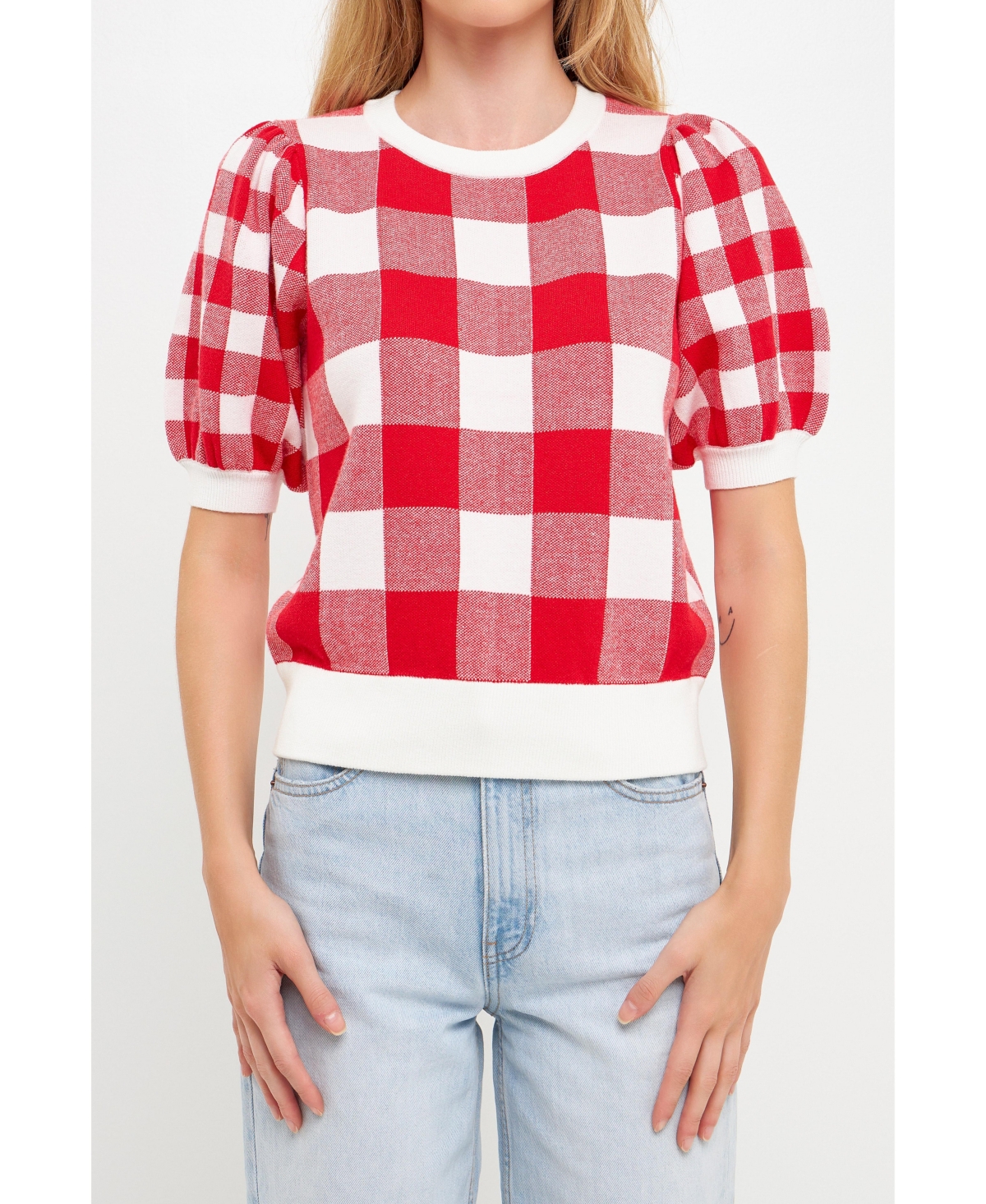 English Factory Gingham Puff Sleeve Sweater In Red