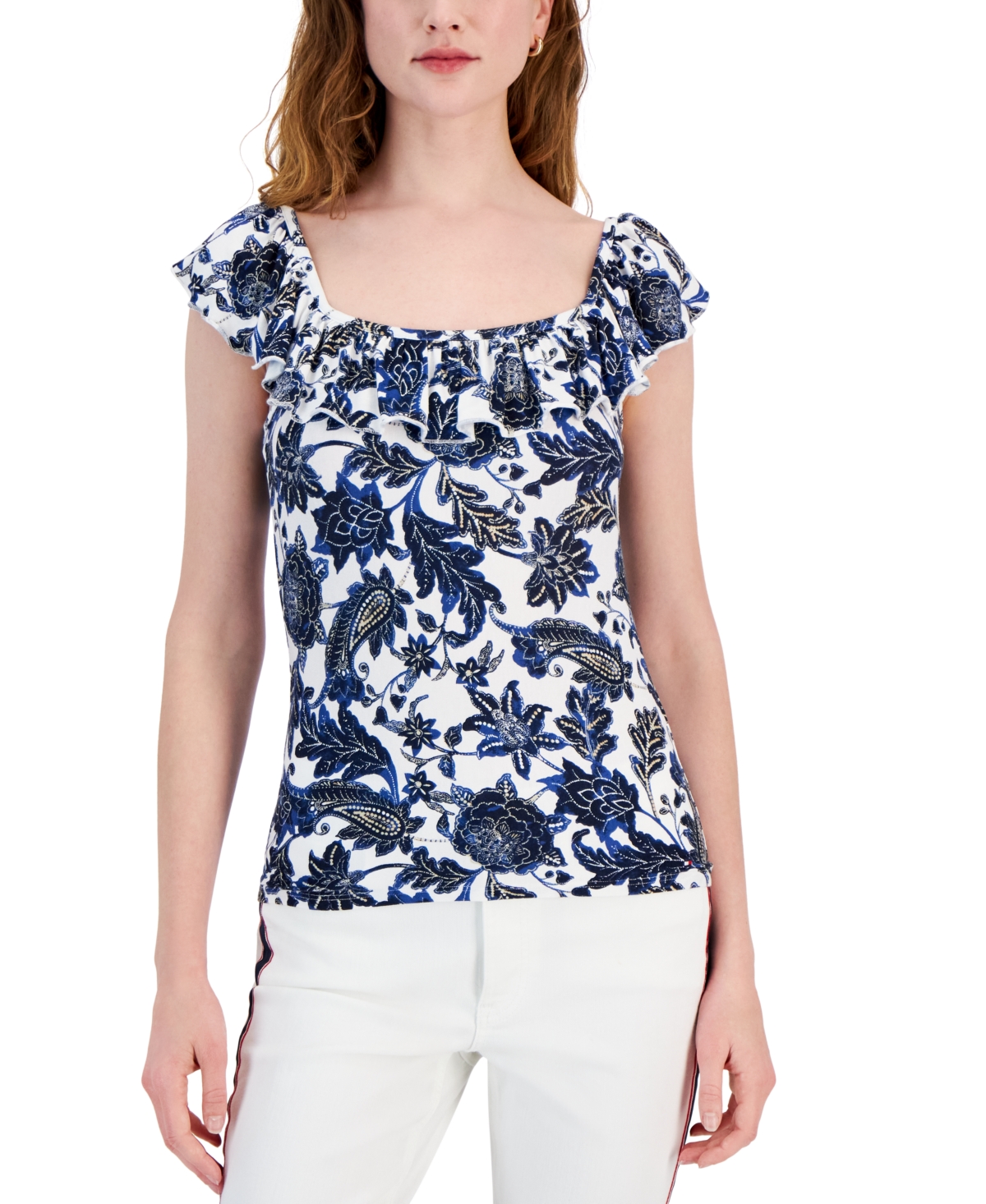 TOMMY HILFIGER WOMEN'S BATIK FLORAL PRINTED RUFFLED TOP 