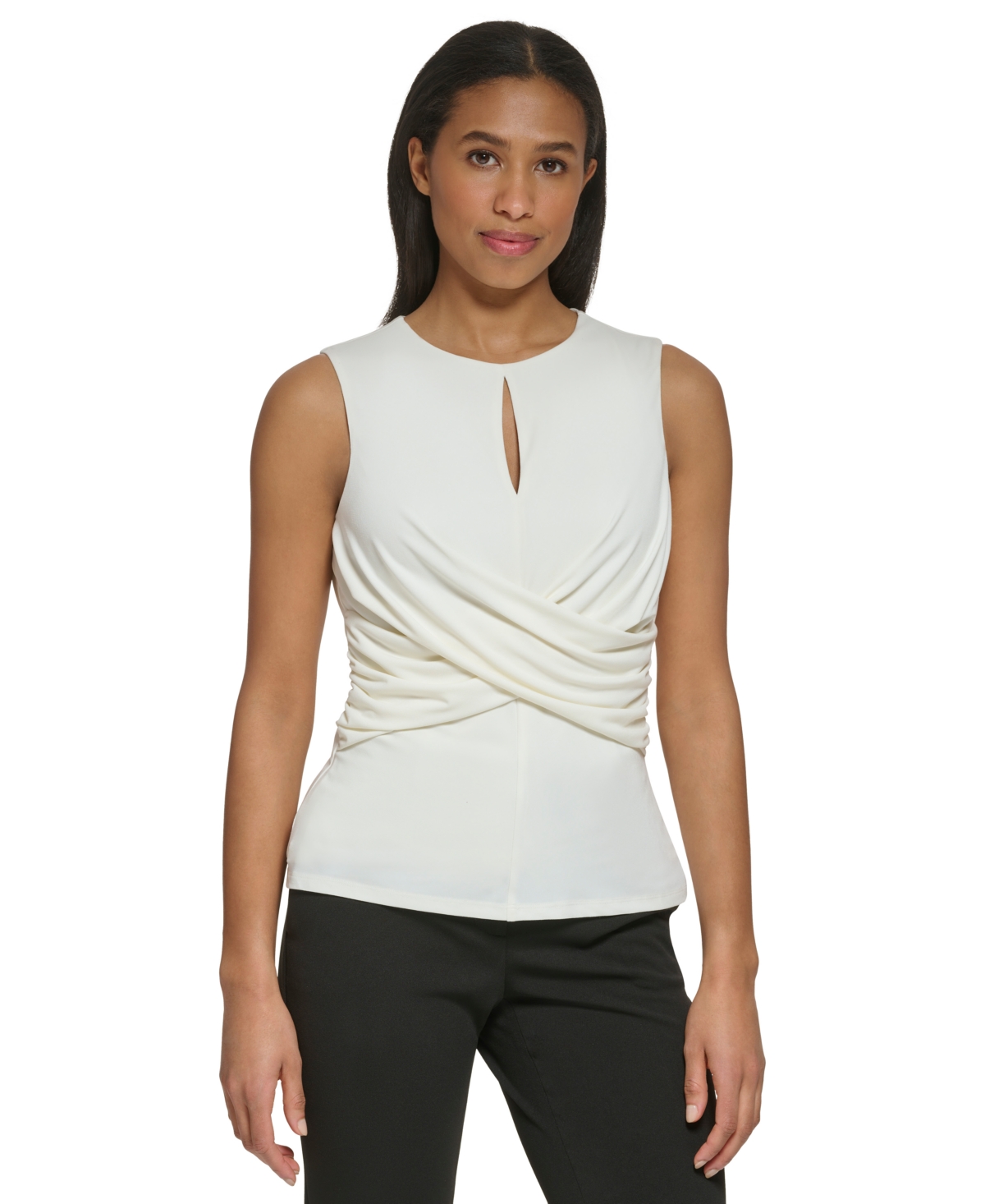 Dkny Women's Jewel-neck Cross-wrap Sleeveless Top In Linen/ White