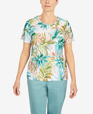 Alfred Dunner Petite Coconut Grove Tropical Leaves Short Sleeve Top ...