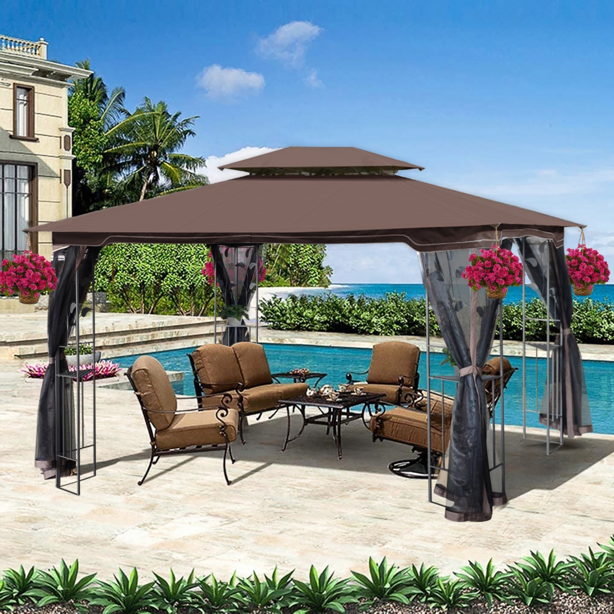 13 X 10 Outdoor Patio Gazebo Canopy Tent With Ventilated Double Roof And Mosquito Net - Brown