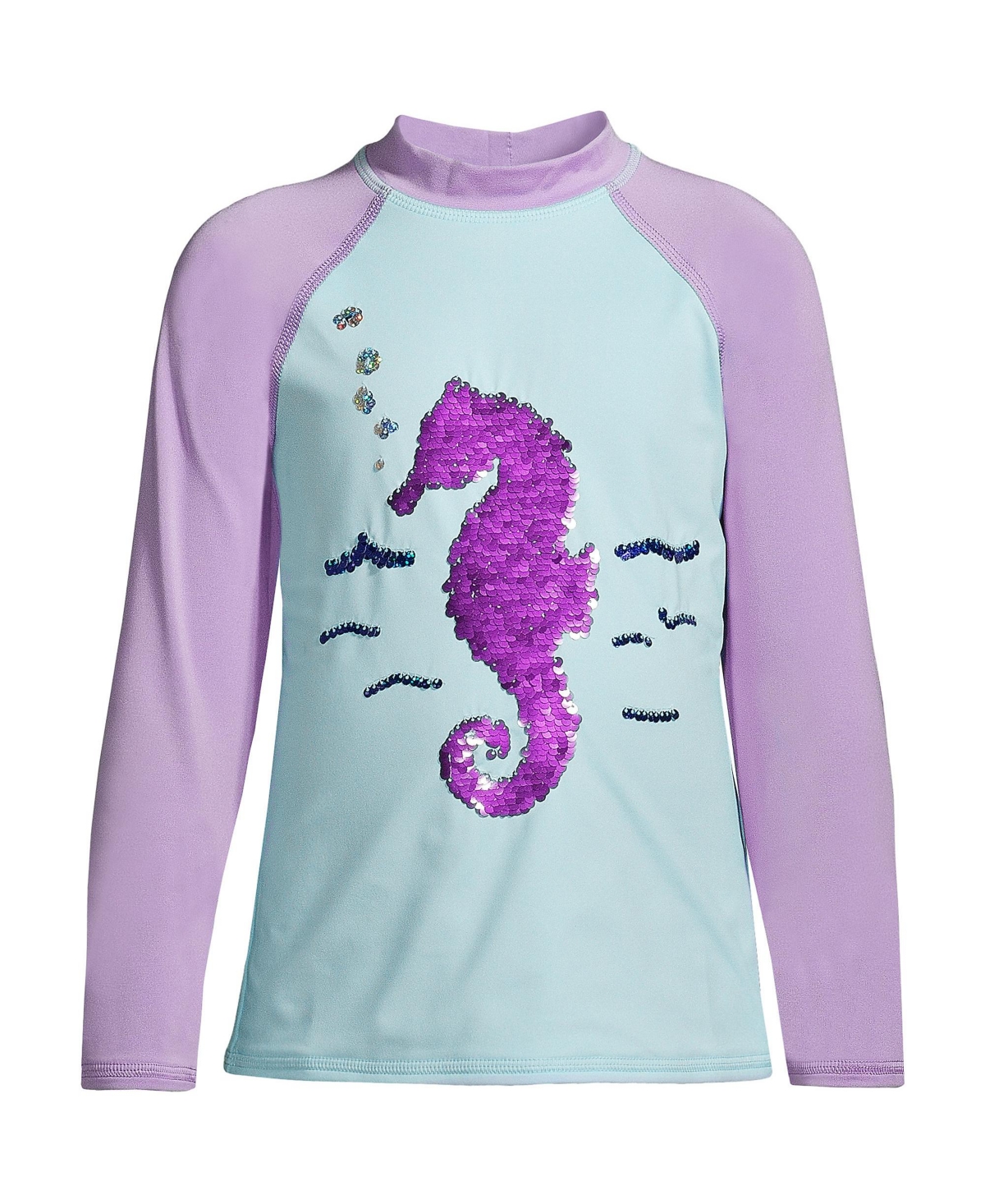 LANDS' END GIRLS LONG SLEEVE FLIP SEQUIN GRAPHIC UPF 50 SWIM RASH GUARD