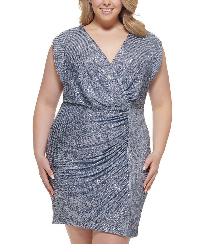 Eliza J Plus Size Sequined V-Neck Ruched Sheath Dress - Macy's