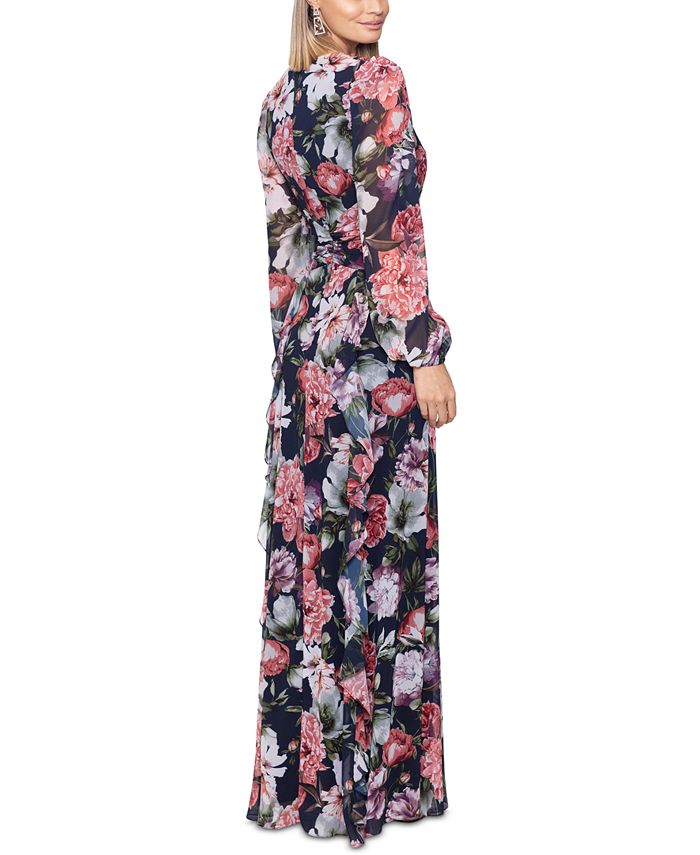 XSCAPE Women's Floral-Print Ruffled Long-Sleeve Gown - Macy's