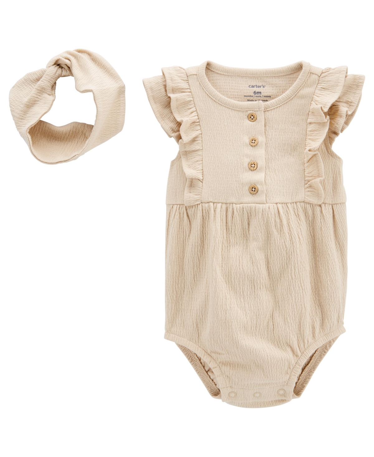 Carter's Baby Girls Button Front Bodysuit And Headwrap, 2 Piece Set In Tan