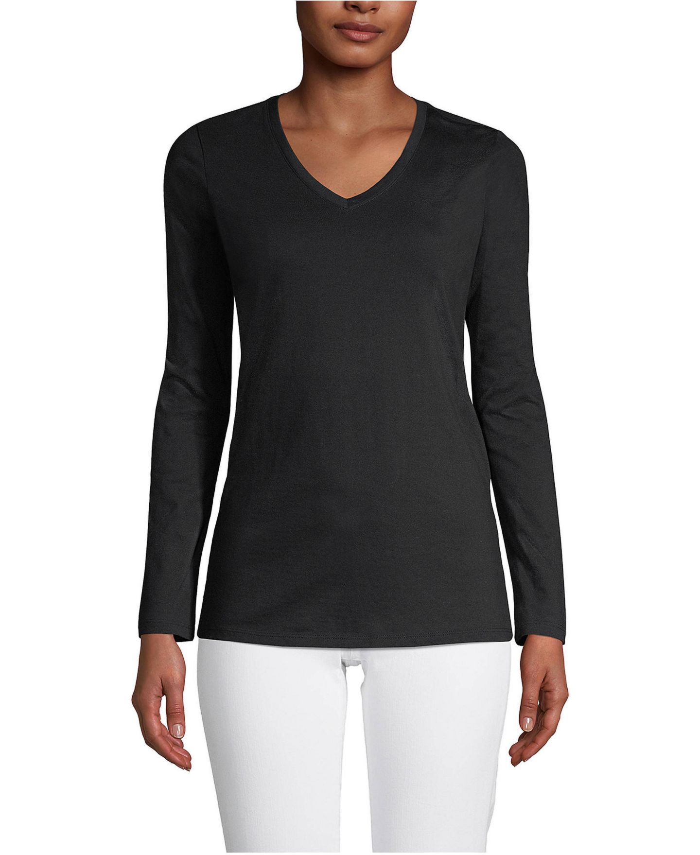Женская футболка Lands' End Supima Cotton Long Sleeve V-Neck, цвет: Чёрный — фото 22
