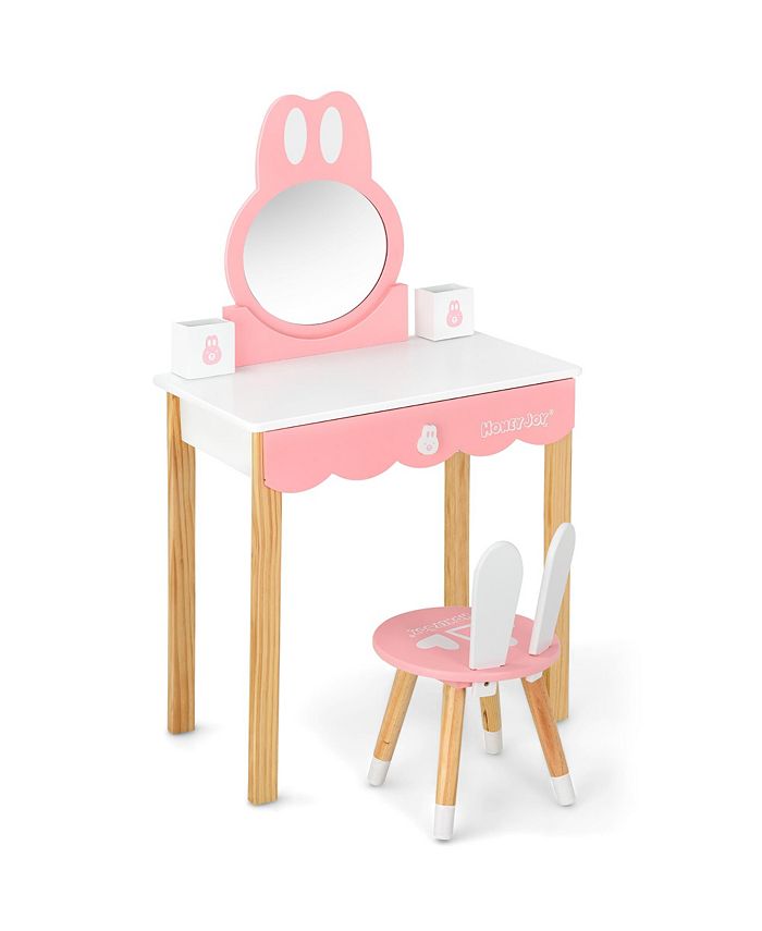 Costway Kids Vanity Set Rabbit Makeup Dressing Table Chair Set