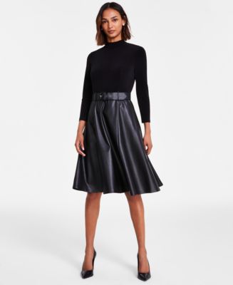 Calvin Klein Women's Faux-Leather Short-Sleeve Dress - Macy's