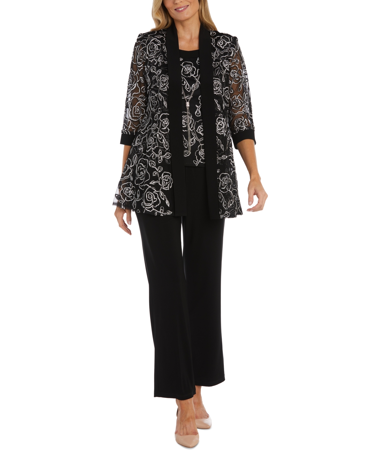 R & M Richards Plus Size 3-pc. Embroidered Jacket, Top & Pants Set In Black White