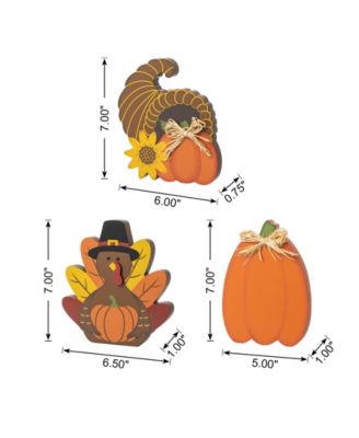 7" H Set of 3 Thanksgiving Wooden Pumpkin, Turkey Cornucopia Table D&eacute;cor