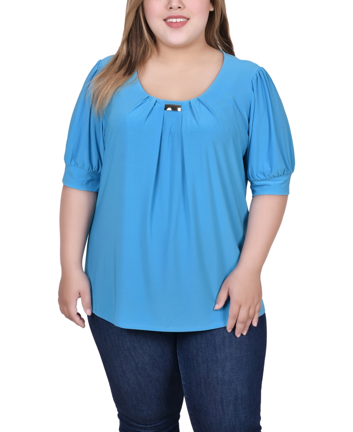 Ny Collection Plus Size Short Balloon Sleeve Top With Hardware In Electric Blue