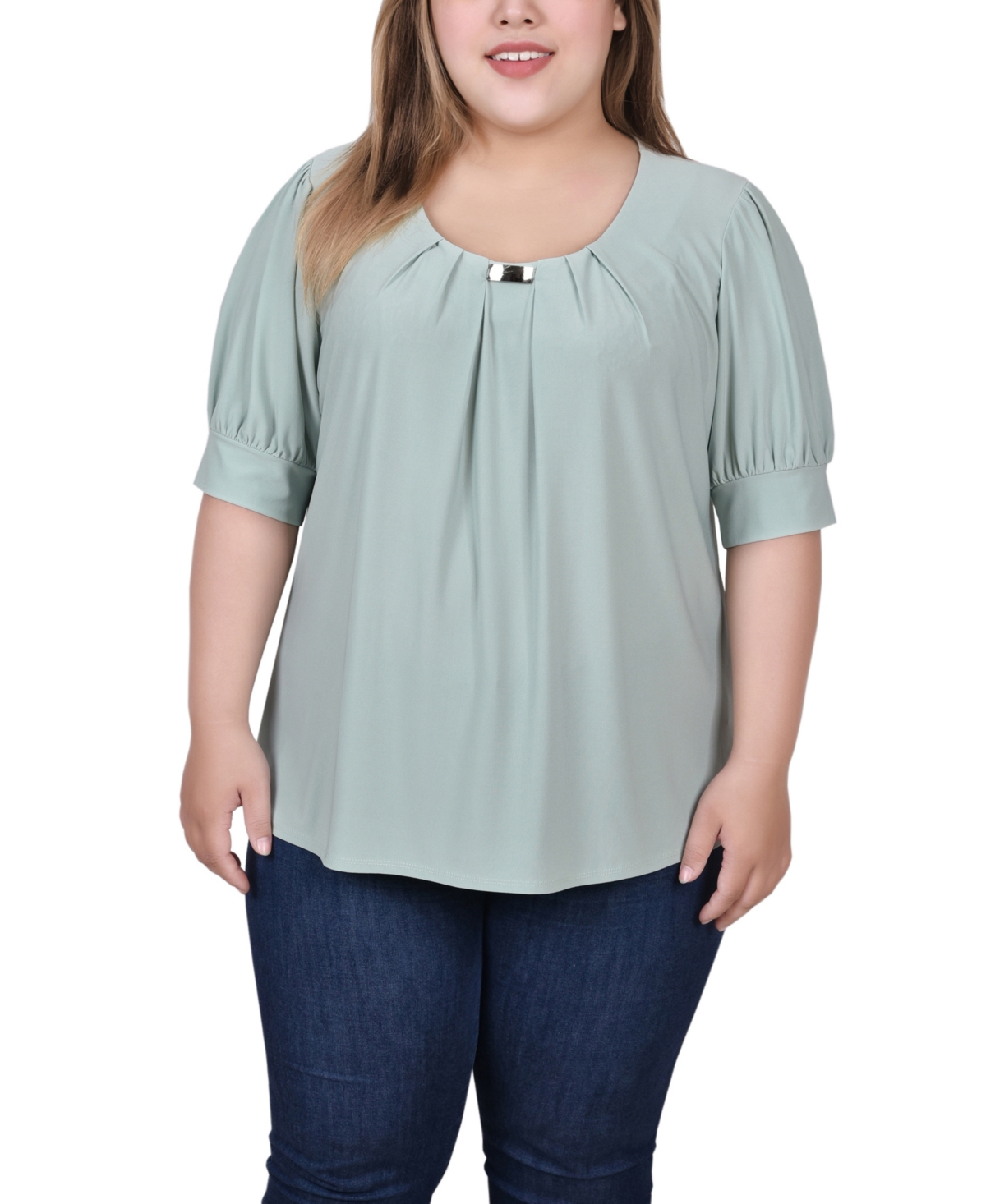 Ny Collection Plus Size Short Balloon Sleeve Top With Hardware In Frosty Green