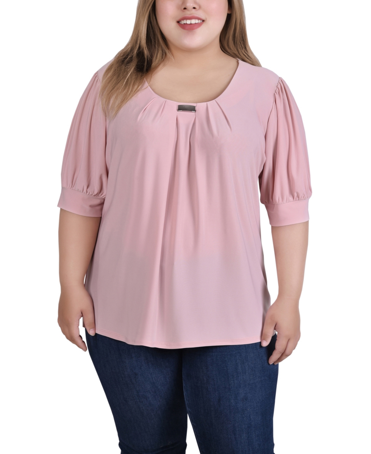 Ny Collection Plus Size Short Balloon Sleeve Top With Hardware In Mellow Rose