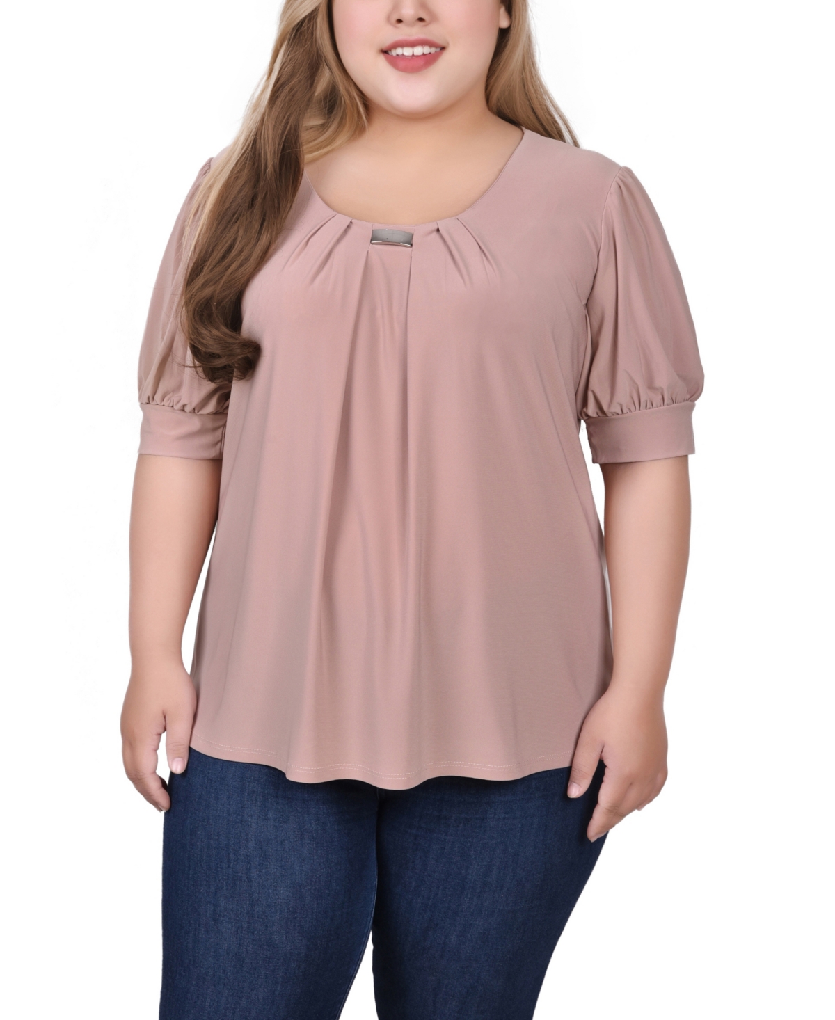 Ny Collection Plus Size Short Balloon Sleeve Top With Hardware In Oxford Tan