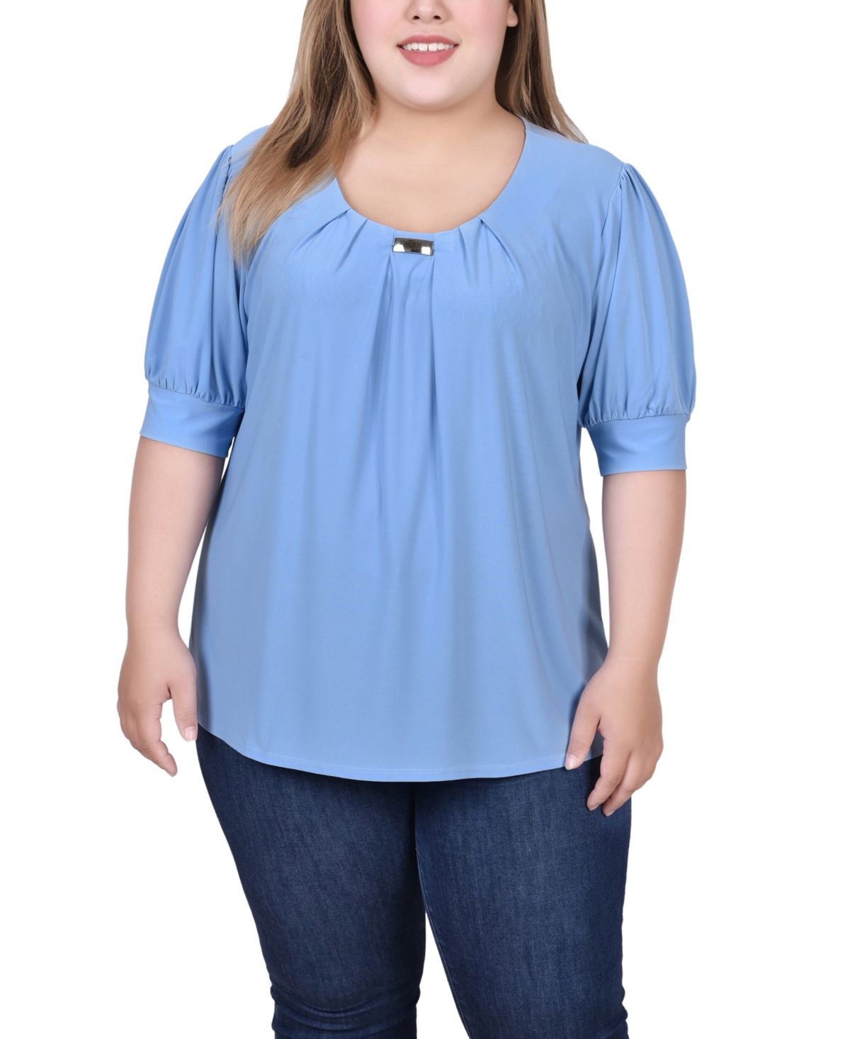 Ny Collection Plus Size Short Balloon Sleeve Top With Hardware In Silver Lake Blue