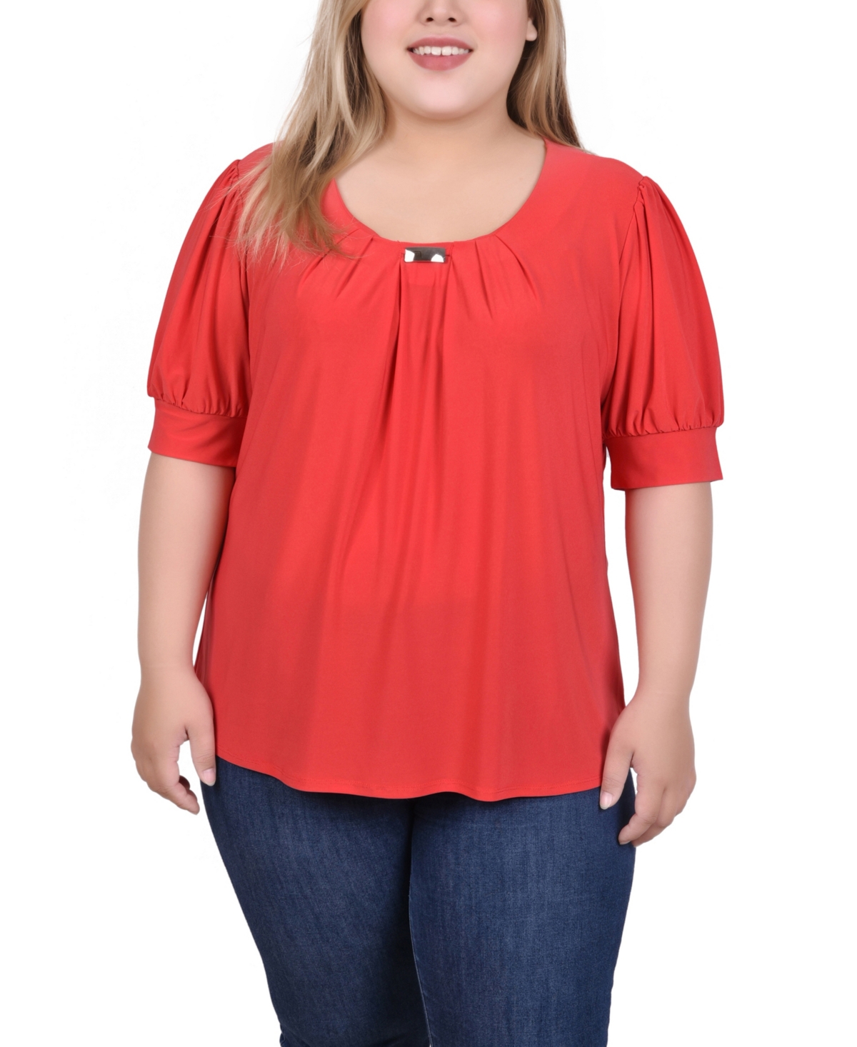 Ny Collection Plus Size Short Balloon Sleeve Top With Hardware In Chinese Red