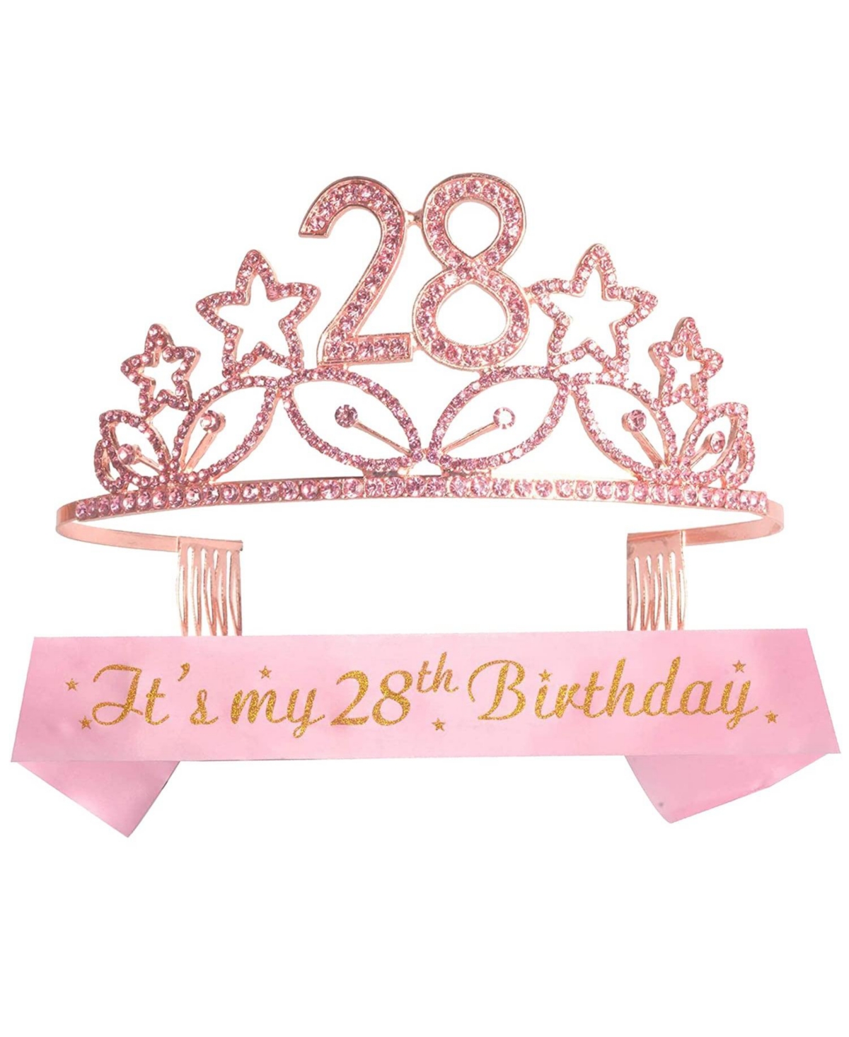 28th Birthday Sash and Tiara for Women - Fabulous Set: Glitter Sash + Stars Rhinestone Pink Premium Metal Tiara for Women, 28th Birthday Gi