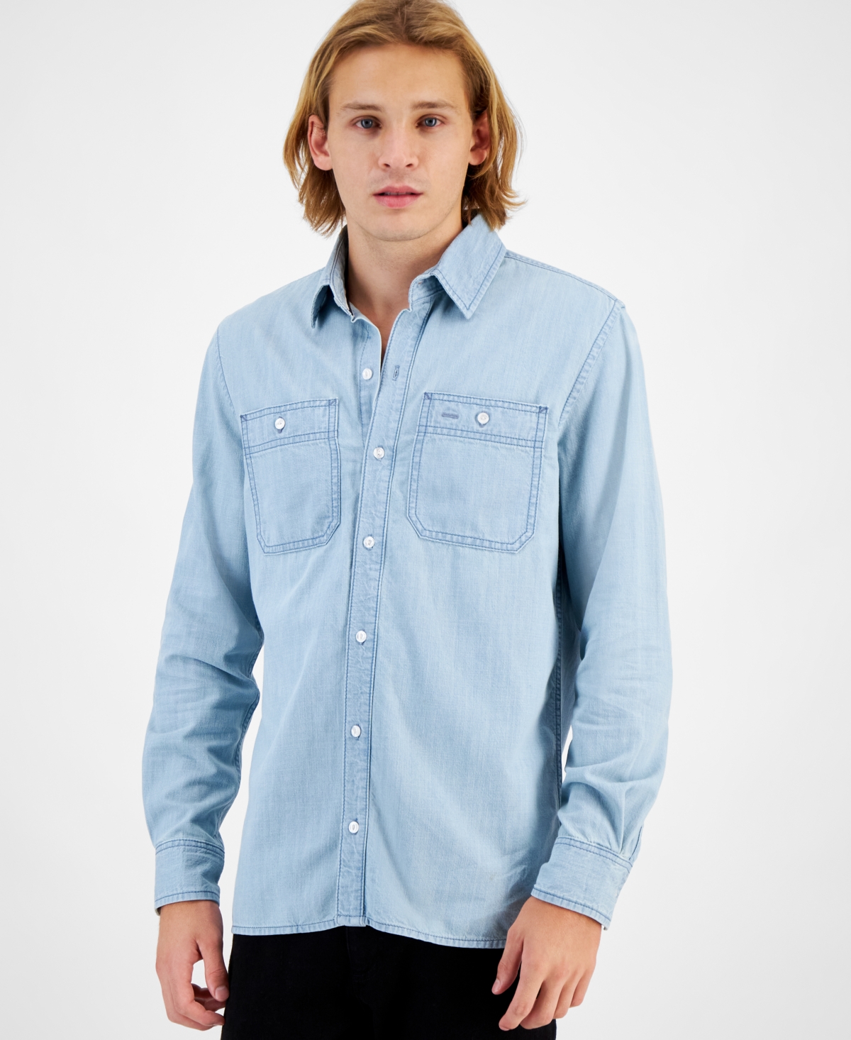 Men's Payton Long Sleeve Denim Shirt, Created for Macy's - Light Wash Denim