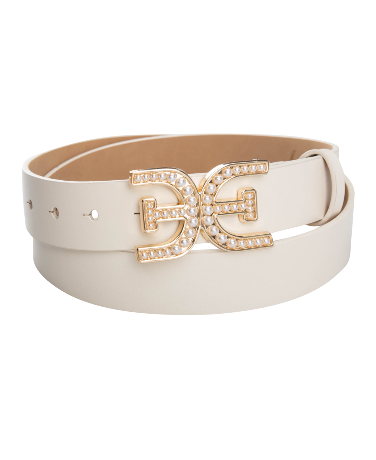 Women's Imitated Pearl Embellished Double-e Plaque Buckle Belt - Ivory