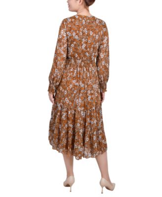 Women's Long Sleeve Clip Dot Chiffon Dress with Smocked Waist and Cuffs Dress