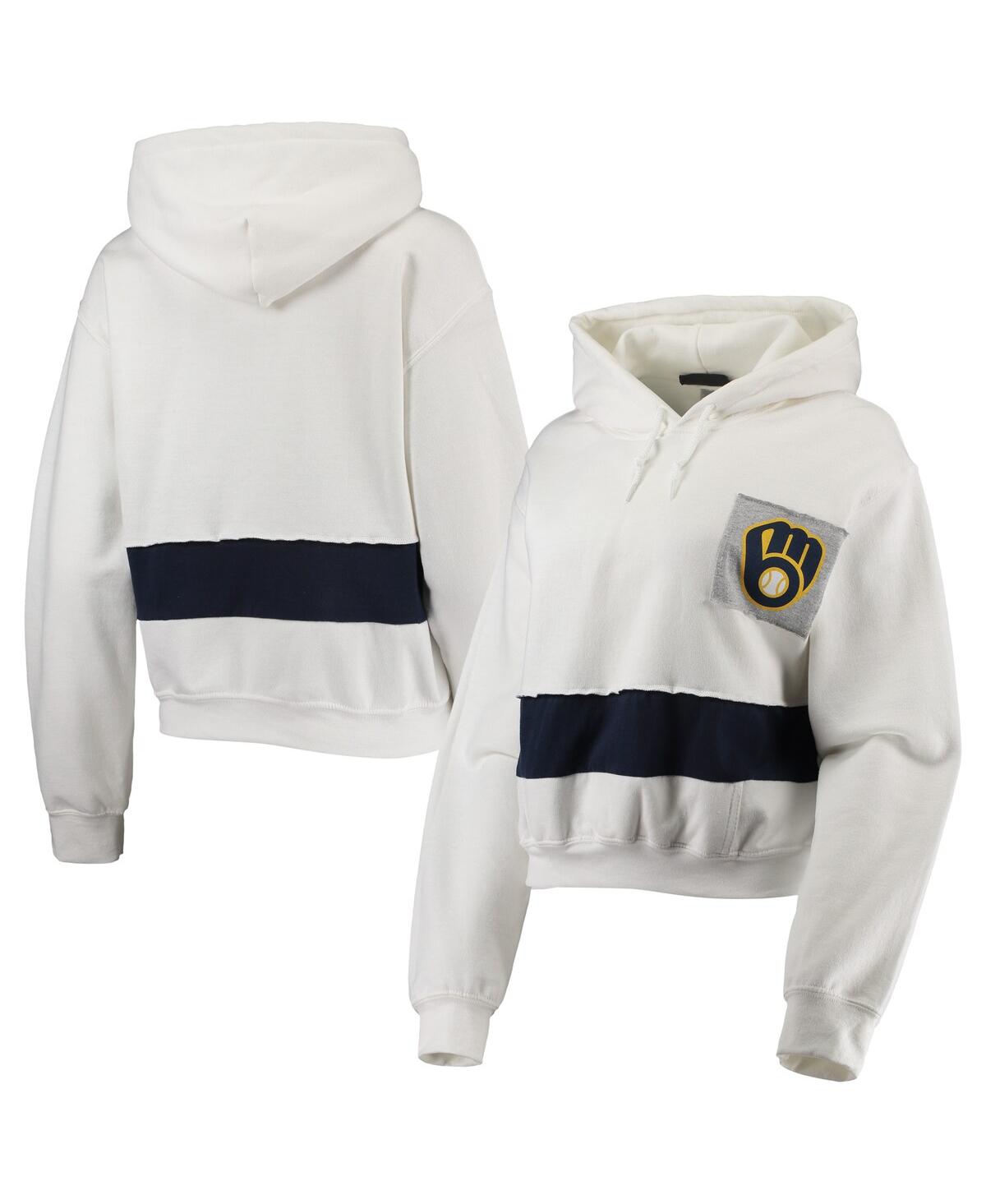 REFRIED APPAREL WOMEN'S REFRIED APPAREL WHITE AND NAVY MILWAUKEE BREWERS CROPPED PULLOVER HOODIE