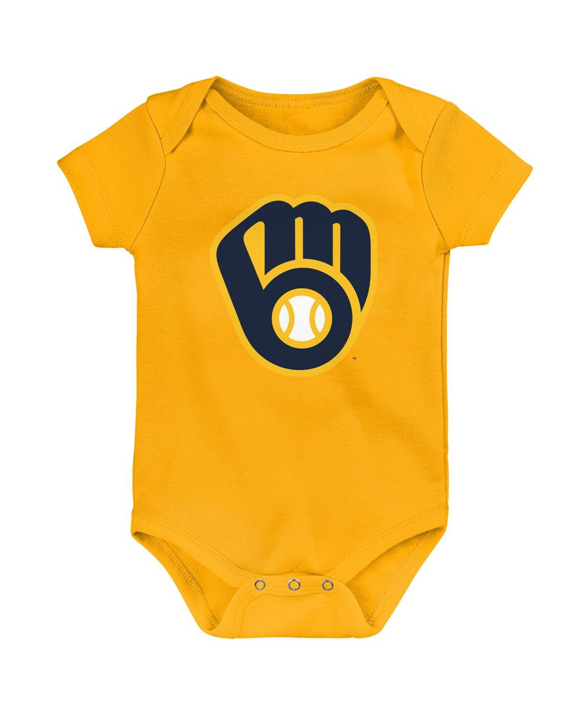 Outerstuff Newborn And Infant Boys And Girls Gold, White, Heather Gray Milwaukee Brewers Biggest Little Fan 3-p In Gold,white,heather Gray