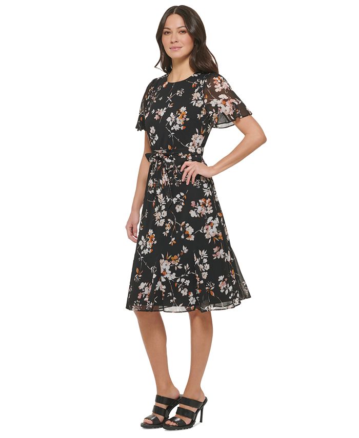 DKNY Women's Printed Godet Skirt Midi Dress Blue Size 8Petite