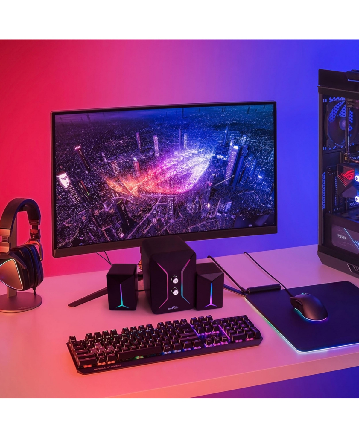 beFree Sound Computer Gaming 2.1 Speaker System with Color Led Lights