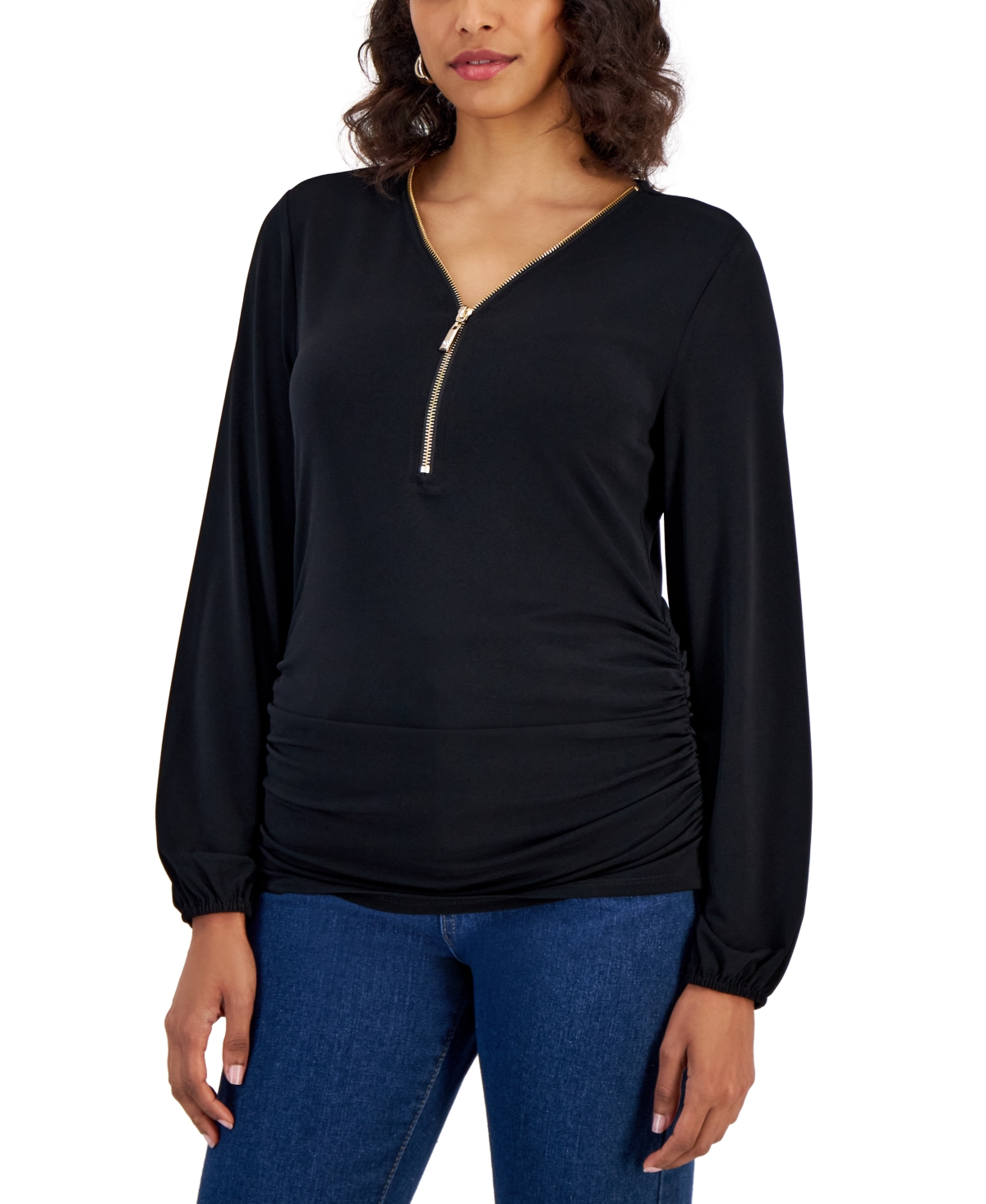 Shop Jm Collection Women's Zip V-neck Ruched Front Top, Created For Macy's In Deep Black