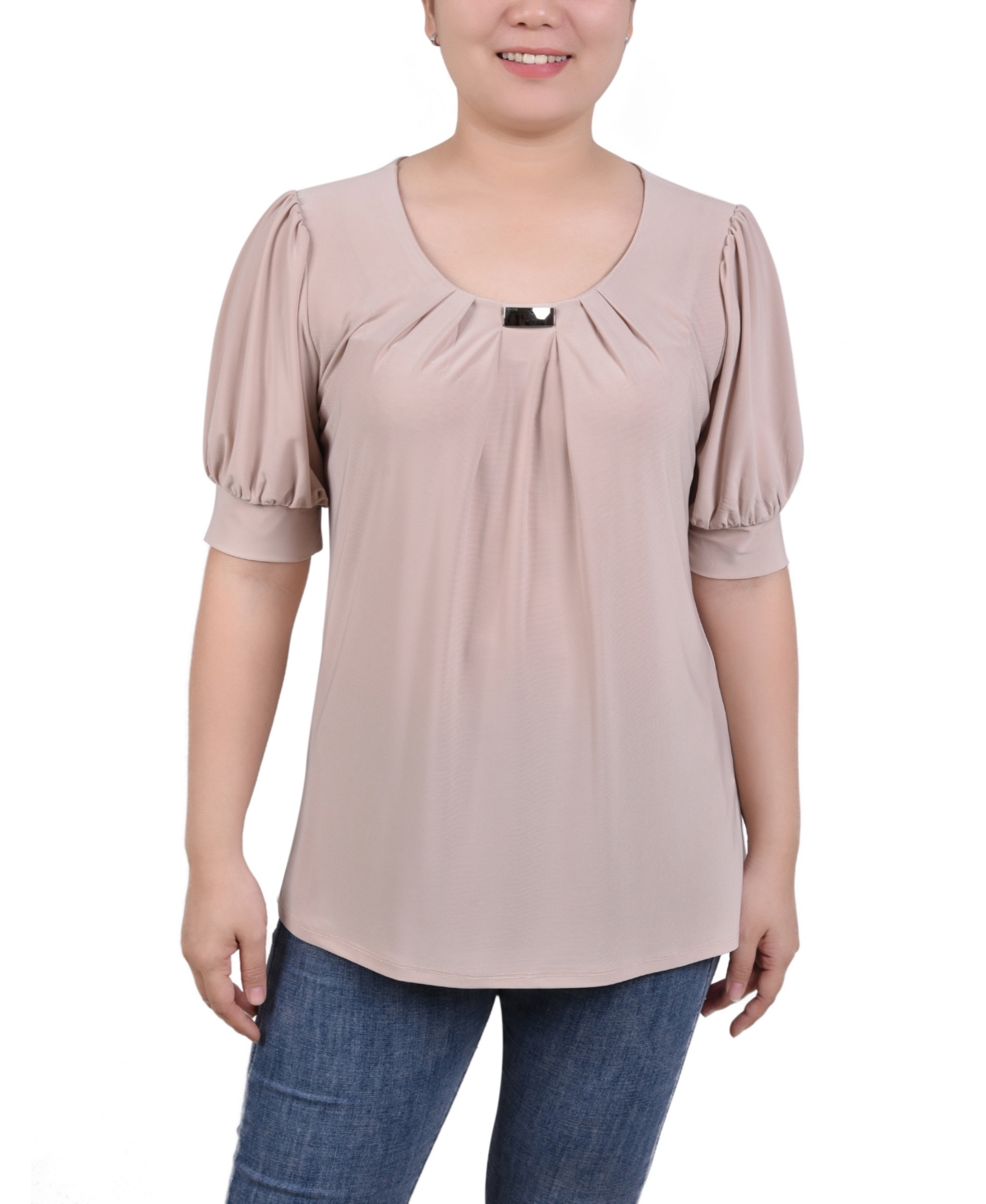 Ny Collection Petite Short Sleeve Balloon Sleeve Top In Oxford Tan