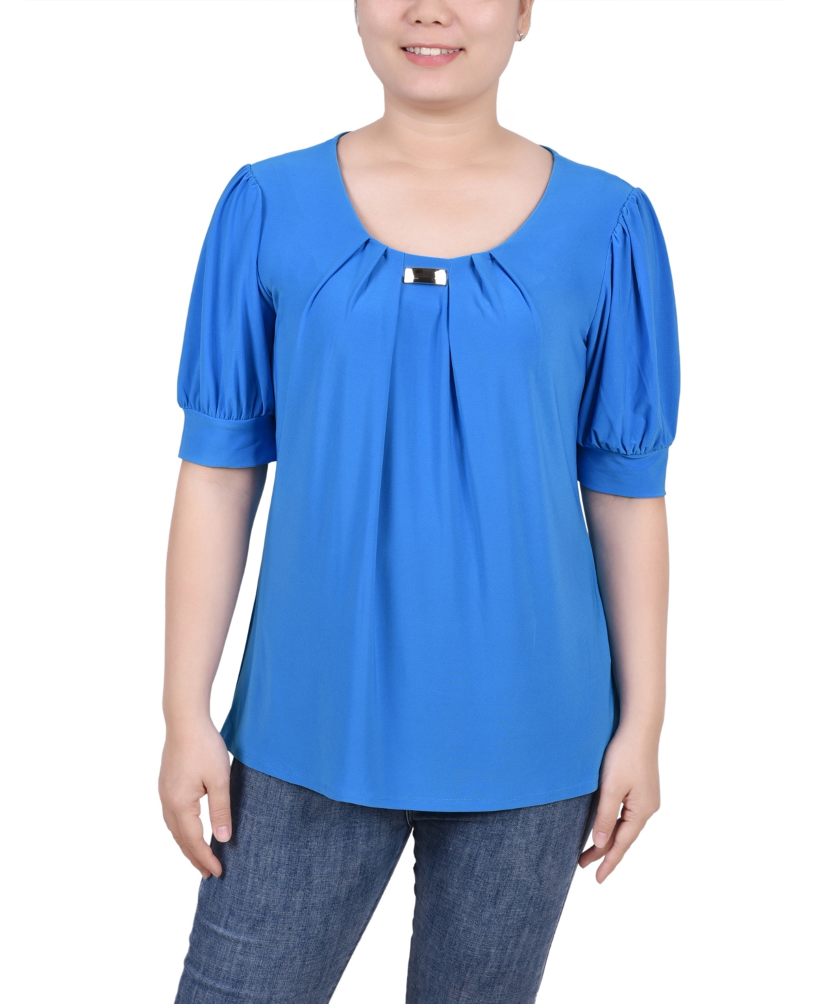 Ny Collection Petite Short Sleeve Balloon Sleeve Top In Electric Blue
