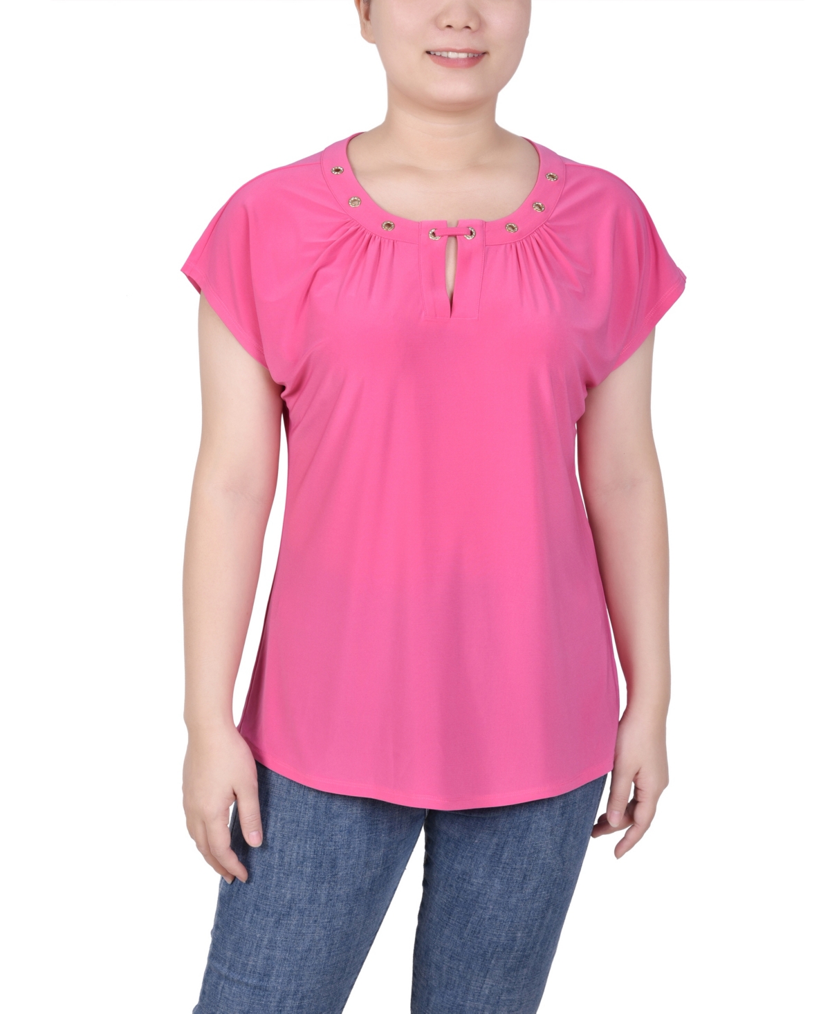 Ny Collection Petite Grommet Neck Knit Short Extended Sleeve Top In Pink Glo