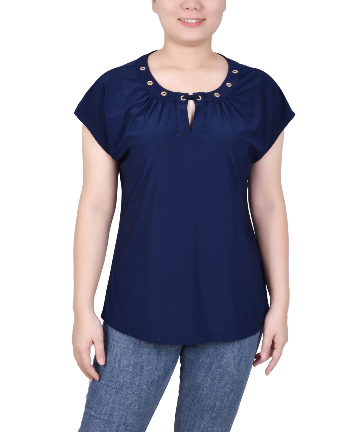 Ny Collection Petite Grommet Neck Knit Short Extended Sleeve Top In Navy