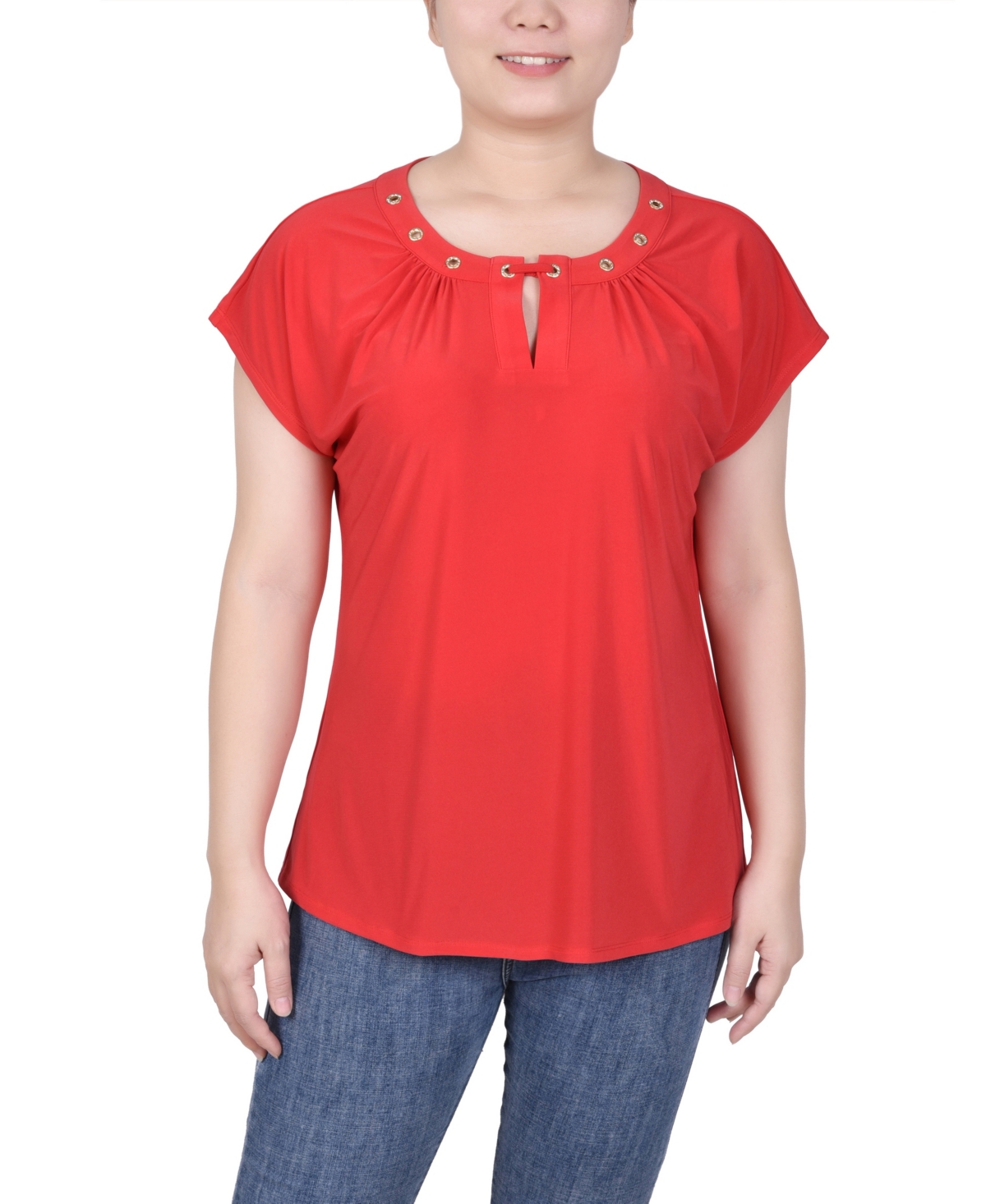 Ny Collection Petite Grommet Neck Knit Short Extended Sleeve Top In Lava