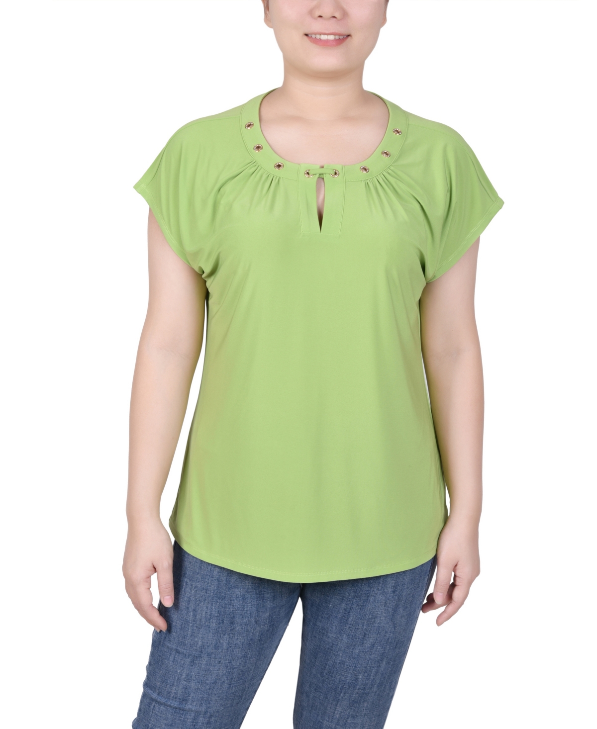 Ny Collection Petite Grommet Neck Knit Short Extended Sleeve Top In Greenery