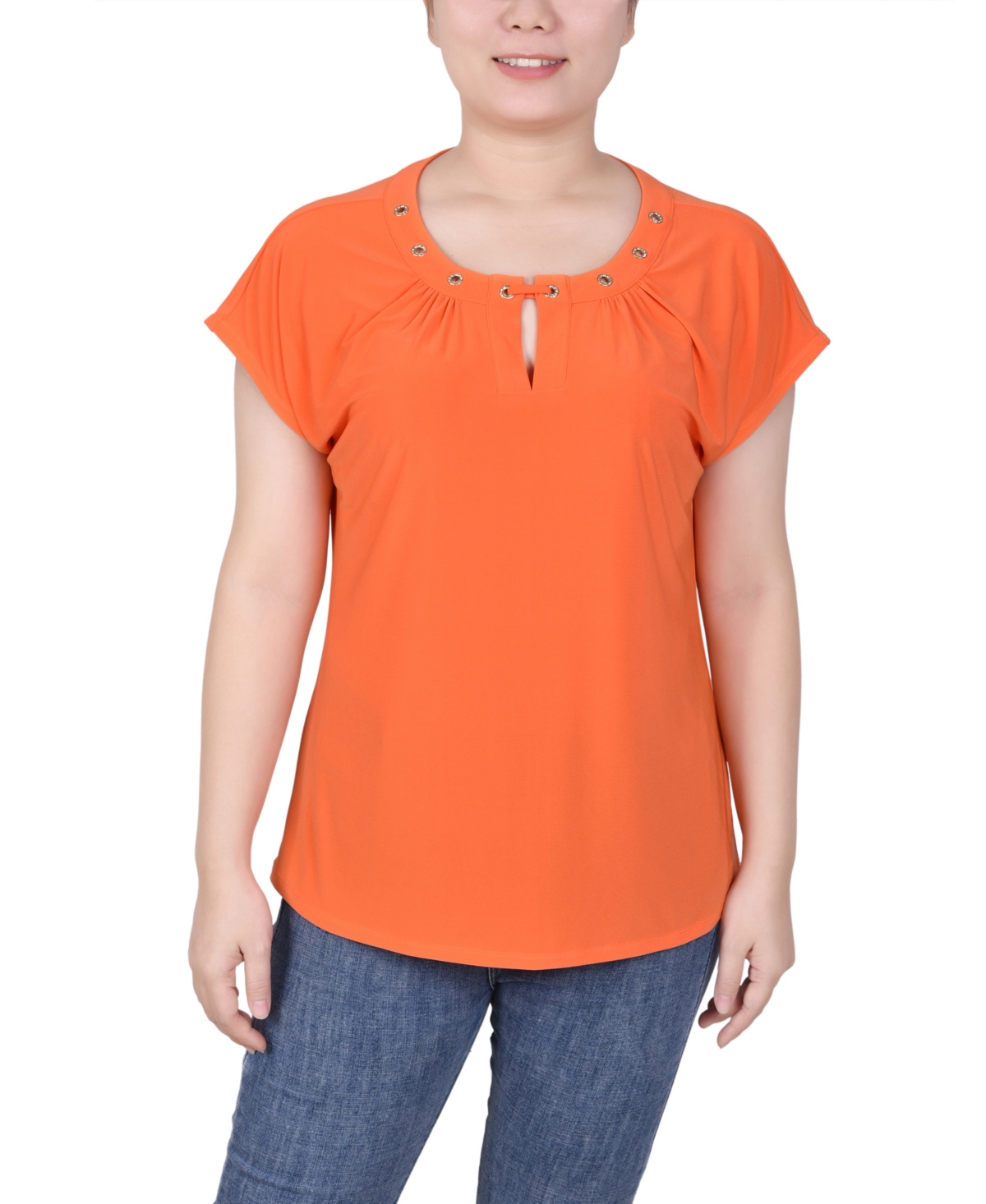 Ny Collection Petite Grommet Neck Knit Short Extended Sleeve Top In Flame