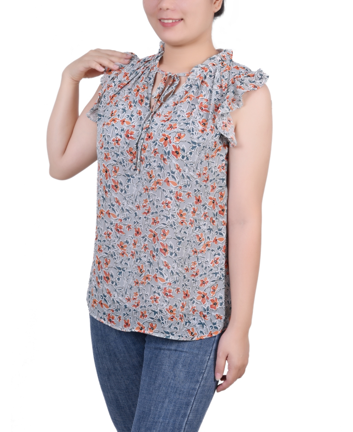 Petite Size Ruffled Sleeve Blouse with Tie Closure Top