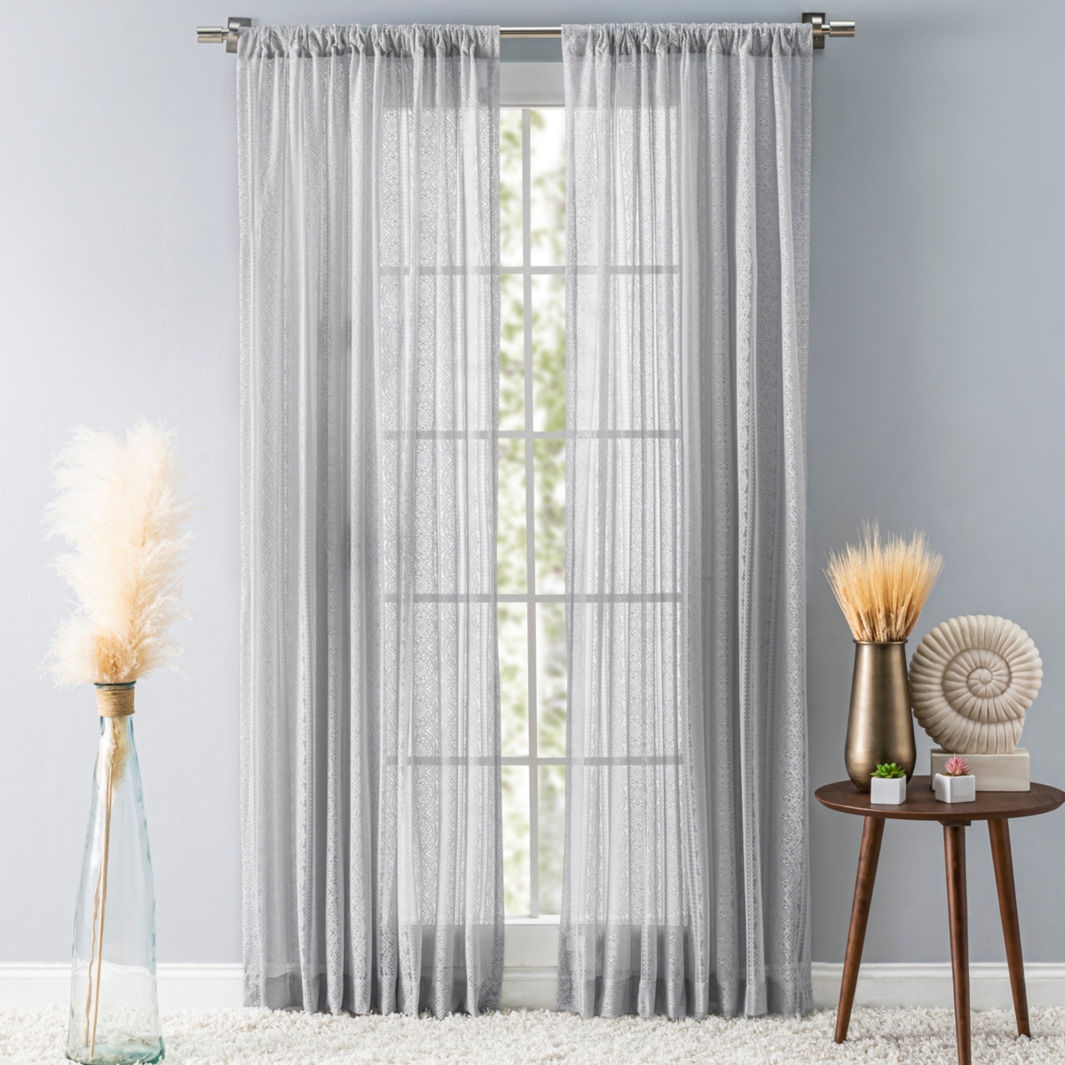 Ricardo Stripe Lace Rod Pocket Curtain Panel 54"W x 84"L