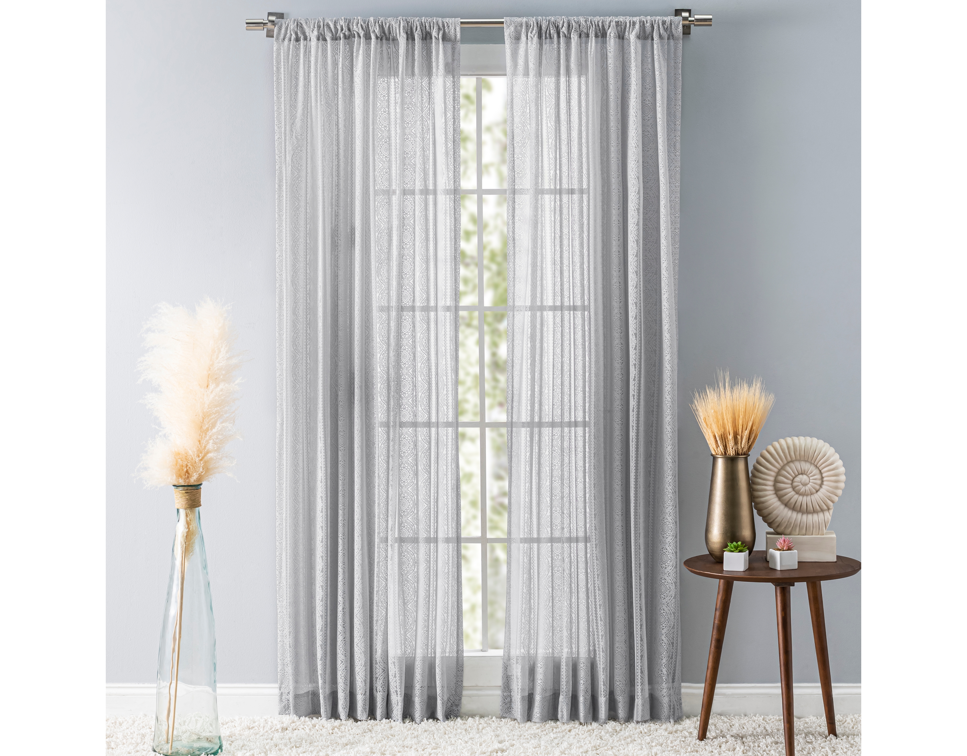 Ricardo Stripe Lace Rod Pocket Curtain Panel 54"W x 84"L